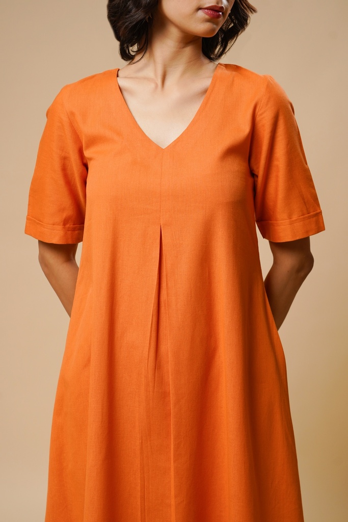 V-NECK CENTER PLAETED KURTA SET (ORANGE)