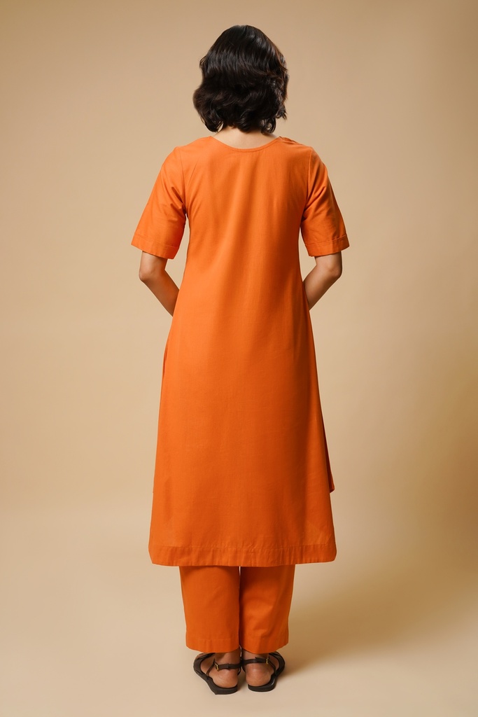 V-NECK CENTER PLAETED KURTA SET (ORANGE)