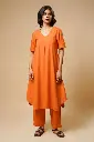 V-NECK CENTER PLAETED KURTA SET (ORANGE)